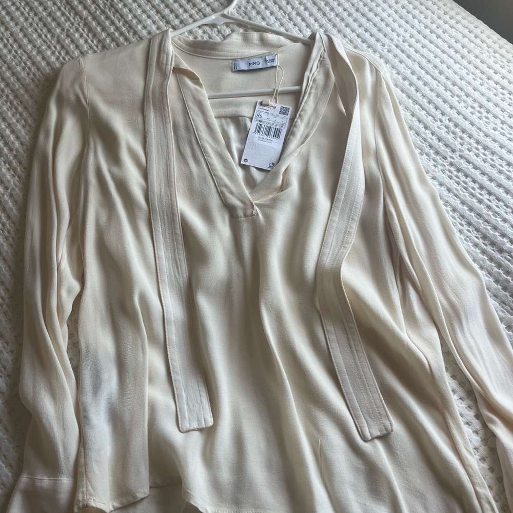 Mango Cream Tie-Neck Long Sleeve Blouse
